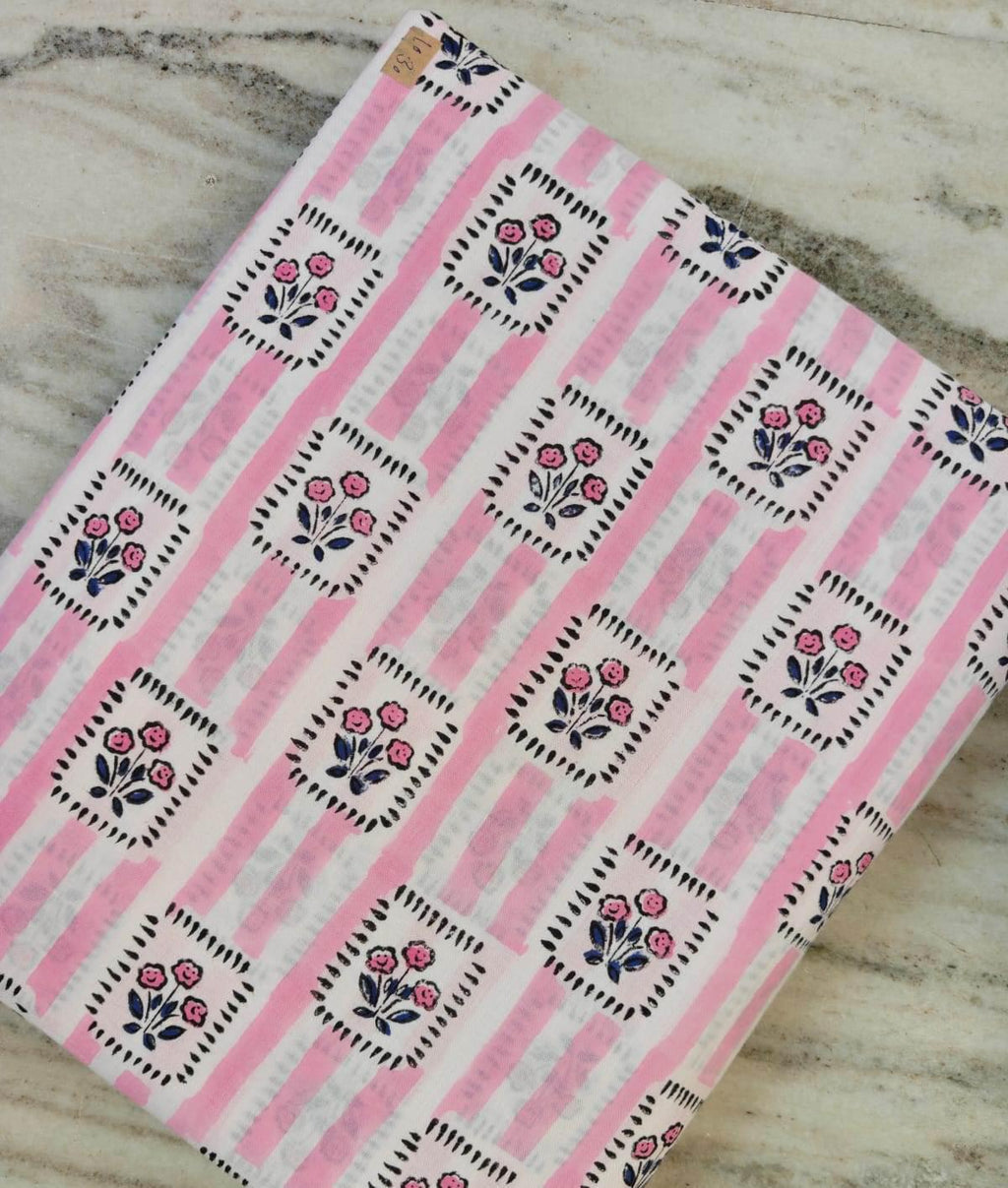 Pink Floral Block Print Cotton Fabric by the Yard, Soft Handmade Cotton Fabric, Indian Cotton Textile, Floral Stripe Dressmaking Fabric