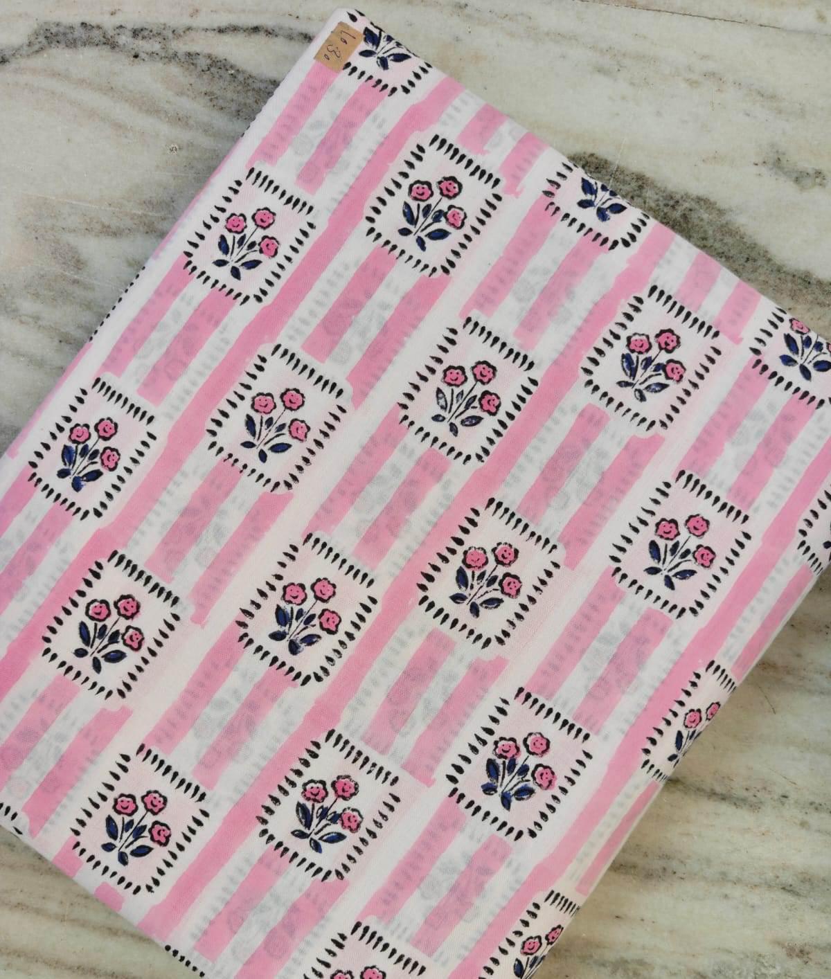 Pink Floral Block Print Cotton Fabric by the Yard, Soft Handmade Cotton Fabric, Indian Cotton Textile, Floral Stripe Dressmaking Fabric