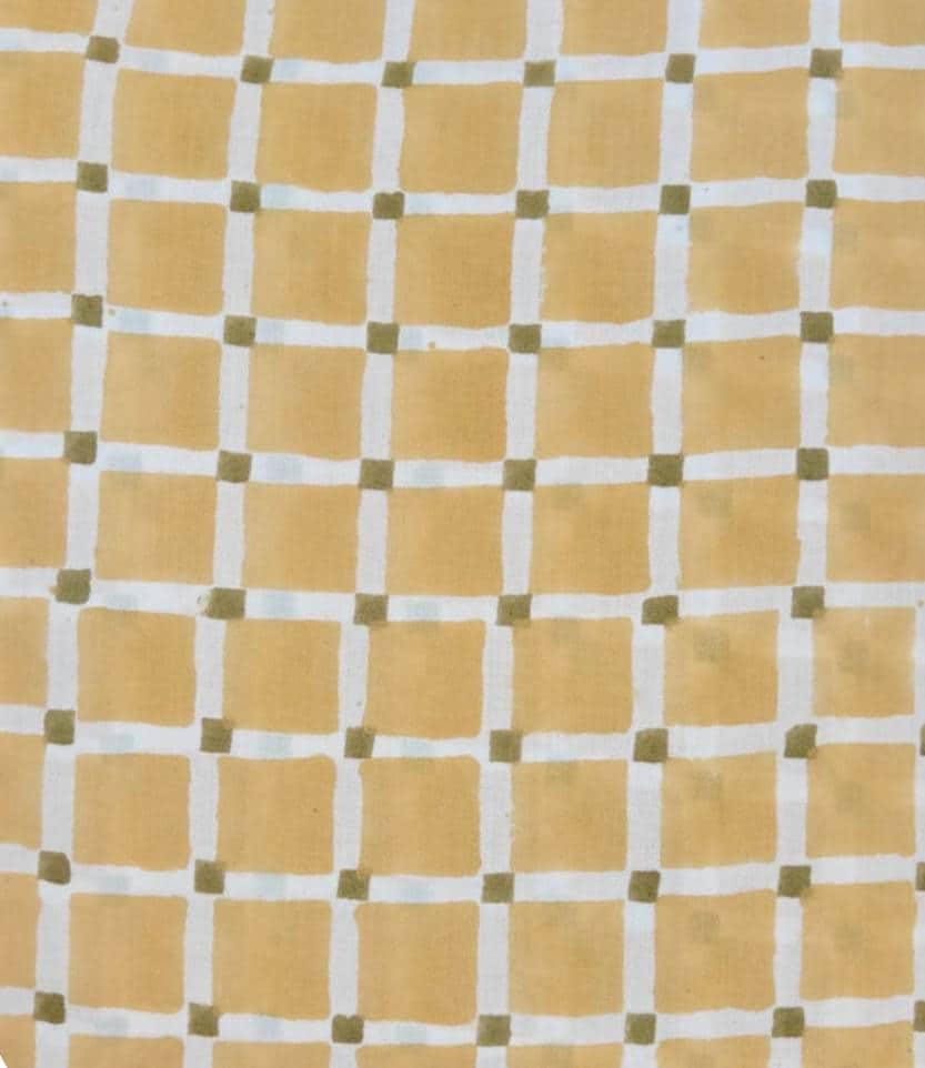 Yellow Checkered Cotton Fabric by the Yard, Hand Block Print Cotton Fabric, Geometric Grid Fabric, Indian Cotton Textile, Sewing Fabric