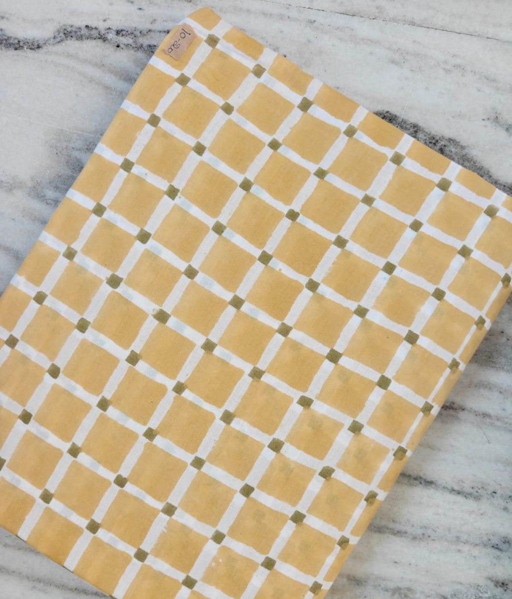 Yellow Checkered Cotton Fabric by the Yard, Hand Block Print Cotton Fabric, Geometric Grid Fabric, Indian Cotton Textile, Sewing Fabric
