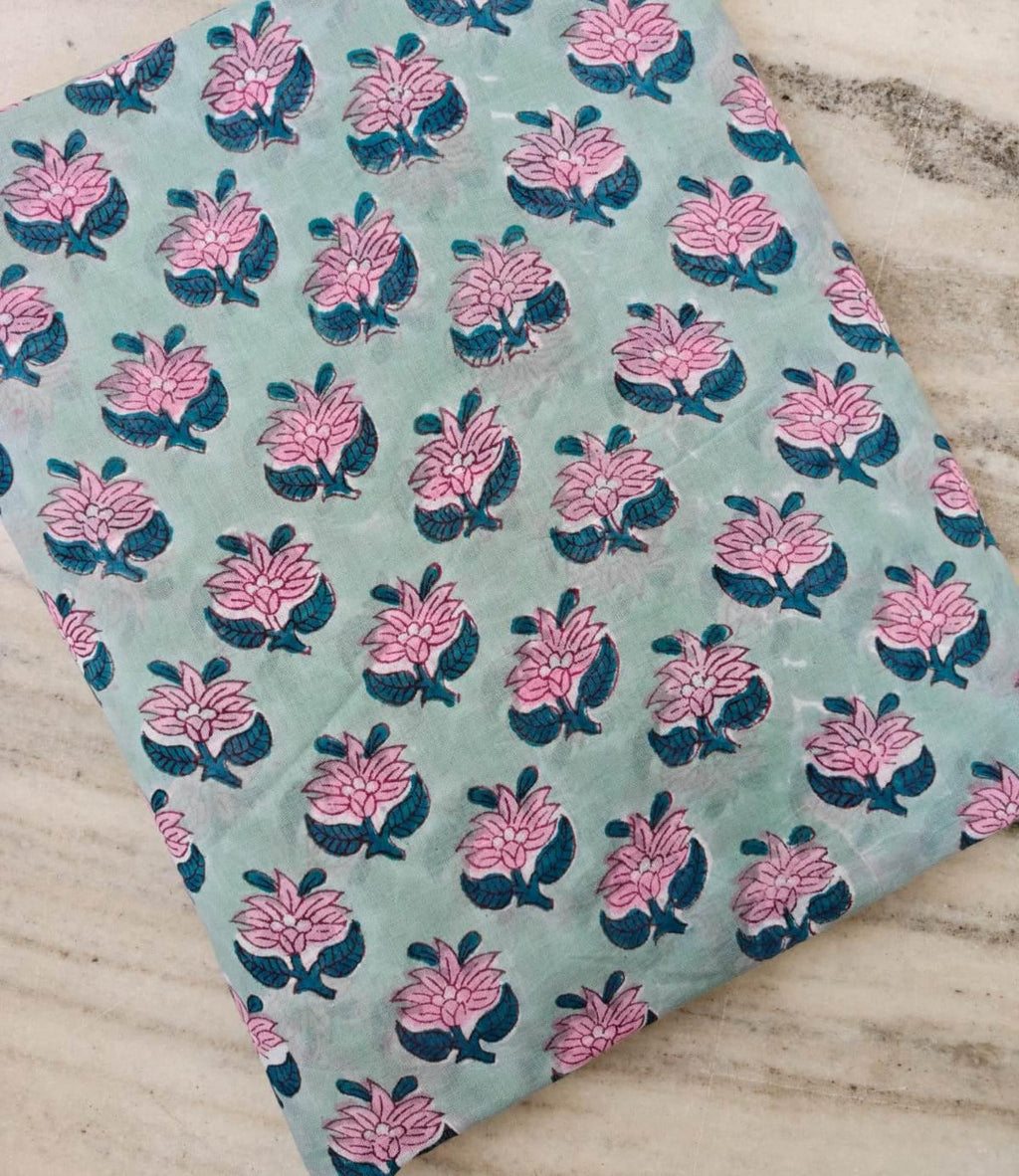 Aqua Blue Floral Cotton Fabric by the Yard, Hand Block Print Cotton Fabric, Indian Cotton Textile, Pink Flower Fabric, Soft Sewing Fabric