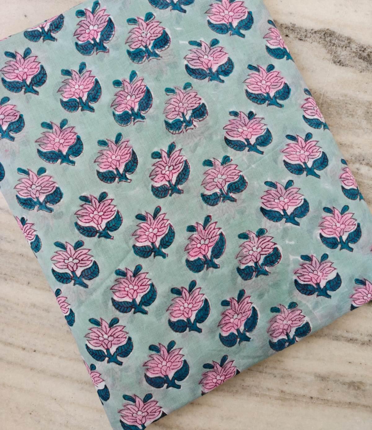 Aqua Blue Floral Cotton Fabric by the Yard, Hand Block Print Cotton Fabric, Indian Cotton Textile, Pink Flower Fabric, Soft Sewing Fabric