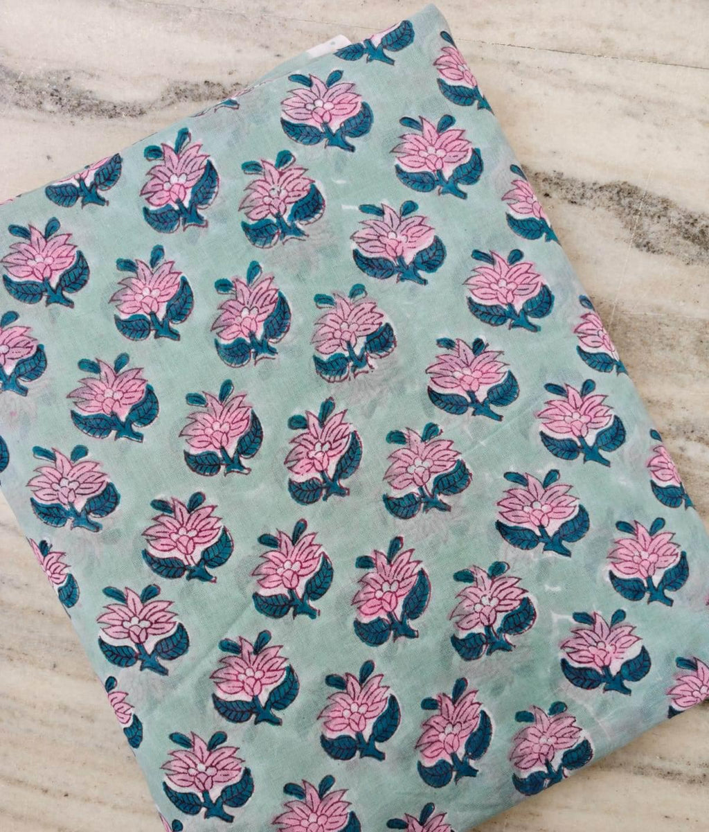 Aqua Blue Floral Cotton Fabric by the Yard, Hand Block Print Cotton Fabric, Indian Cotton Textile, Pink Flower Fabric, Soft Sewing Fabric