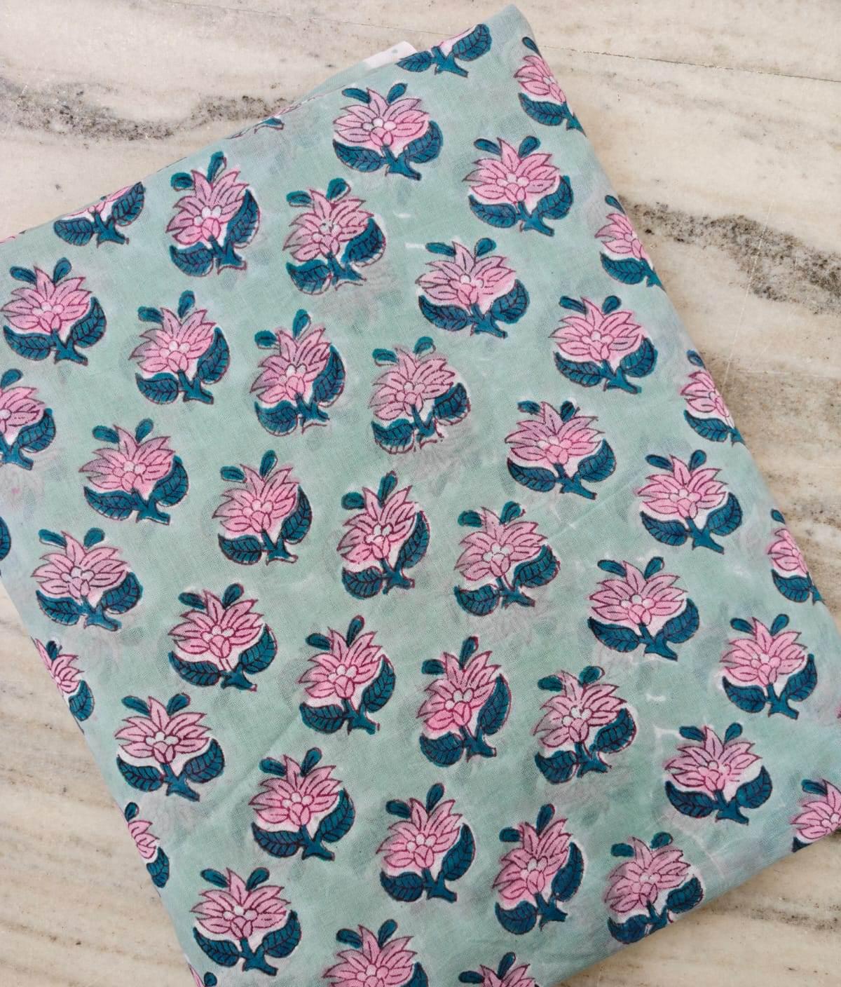 Aqua Blue Floral Cotton Fabric by the Yard, Hand Block Print Cotton Fabric, Indian Cotton Textile, Pink Flower Fabric, Soft Sewing Fabric