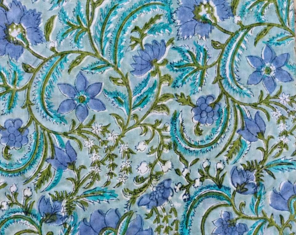 Blue Floral Cotton Fabric by the Yard, Botanical Vine Print Fabric, Light Blue Cotton Material, Quilting Fabric, Sewing Fabric, Dressmaking