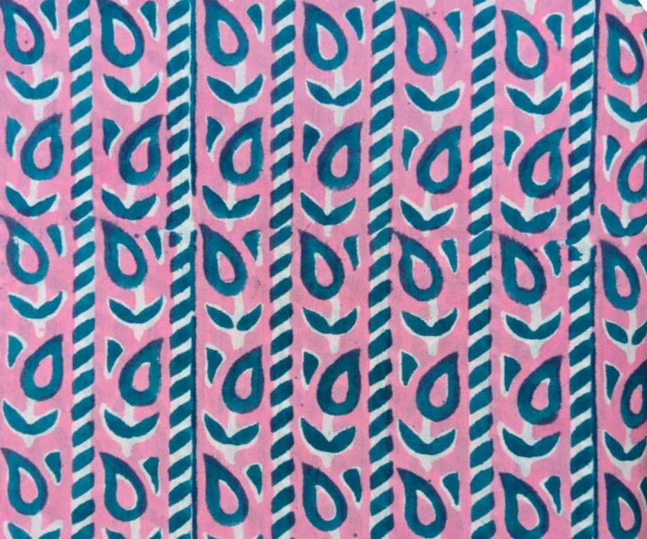 Pink Geometric Cotton Fabric by the Yard, Hand Block Print Fabric, Blue Abstract Leaf Print Cotton, Quilting Fabric, Sewing Material Fabric