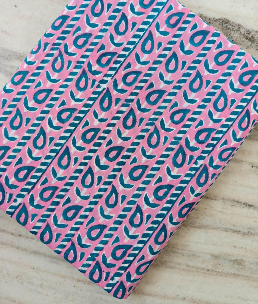 Pink Geometric Cotton Fabric by the Yard, Hand Block Print Fabric, Blue Abstract Leaf Print Cotton, Quilting Fabric, Sewing Material Fabric