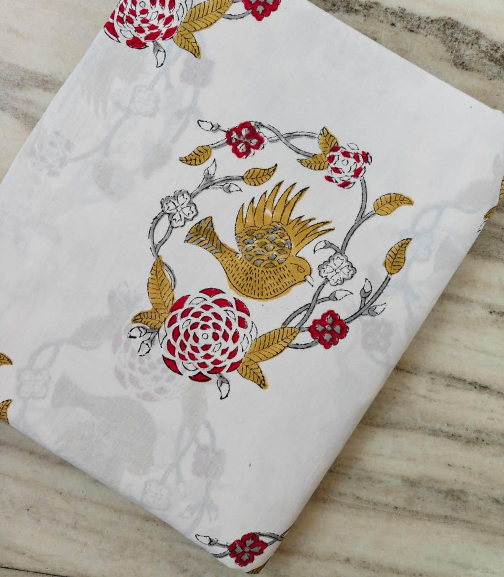 White Floral Cotton Fabric by the Yard, Bird Print Cotton Fabric, Indian Hand Block Print Fabric, Red Mustard Fabric, Dressmaking Fabric
