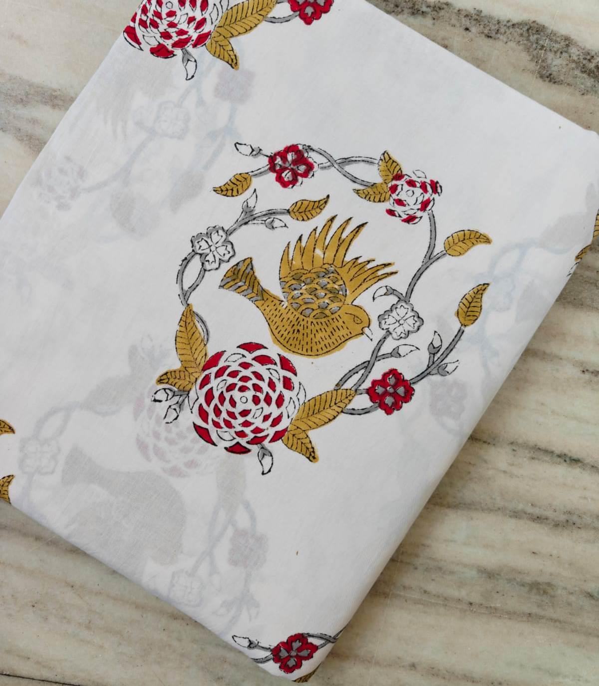 White Floral Cotton Fabric by the Yard, Bird Print Cotton Fabric, Indian Hand Block Print Fabric, Red Mustard Fabric, Dressmaking Fabric