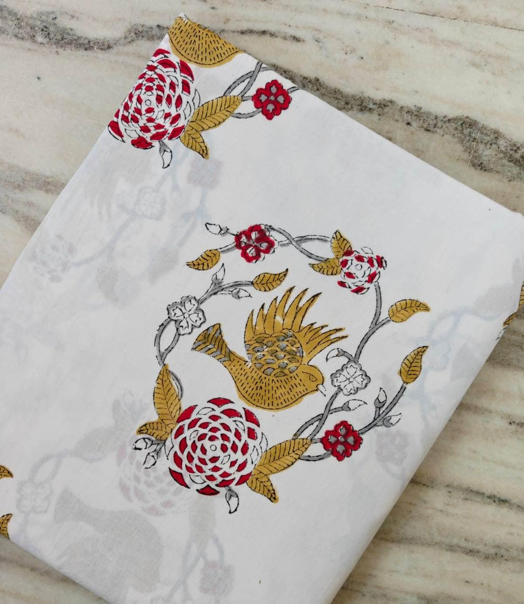 White Floral Cotton Fabric by the Yard, Bird Print Cotton Fabric, Indian Hand Block Print Fabric, Red Mustard Fabric, Dressmaking Fabric