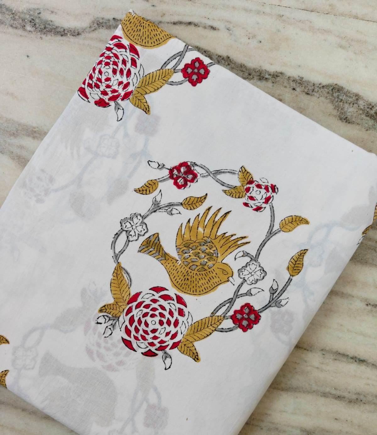 White Floral Cotton Fabric by the Yard, Bird Print Cotton Fabric, Indian Hand Block Print Fabric, Red Mustard Fabric, Dressmaking Fabric