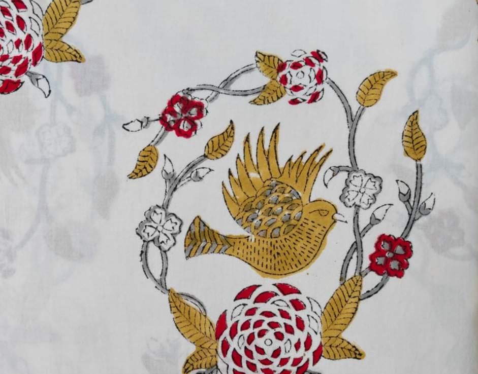 White Floral Cotton Fabric by the Yard, Bird Print Cotton Fabric, Indian Hand Block Print Fabric, Red Mustard Fabric, Dressmaking Fabric
