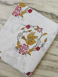 White Floral Cotton Fabric by the Yard, Bird Print Cotton Fabric, Indian Hand Block Print Fabric, Red Mustard Fabric, Dressmaking Fabric