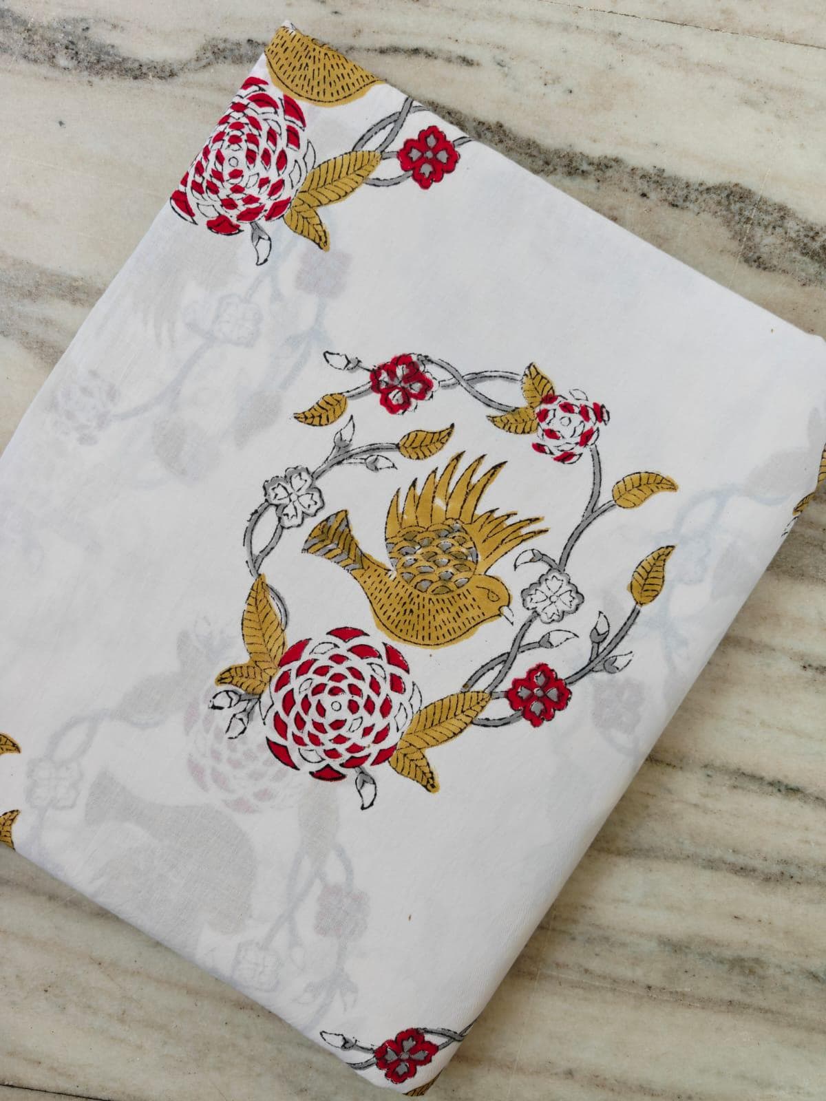 White Floral Cotton Fabric by the Yard, Bird Print Cotton Fabric, Indian Hand Block Print Fabric, Red Mustard Fabric, Dressmaking Fabric