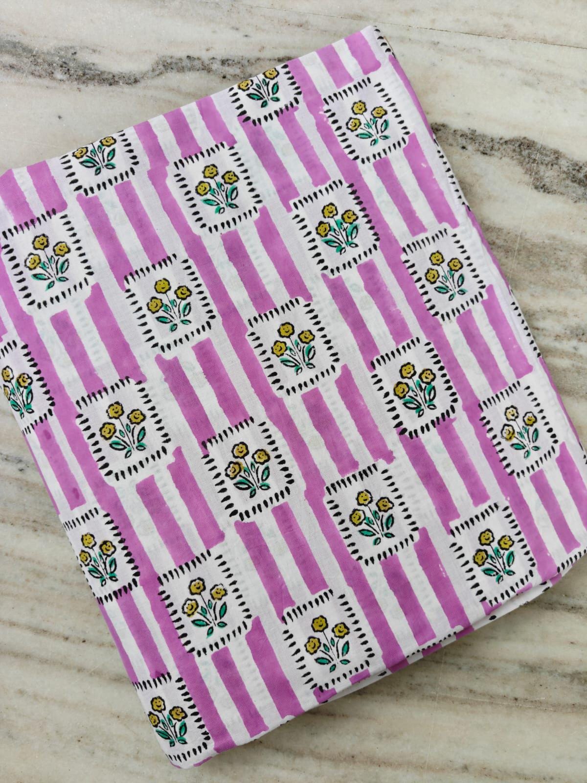 Pink Stripe Cotton Fabric by the Yard, Indian Hand Block Print Cotton Fabric, Floral Cotton Fabric, Soft Fabric for Sewing, Quilting Dresses