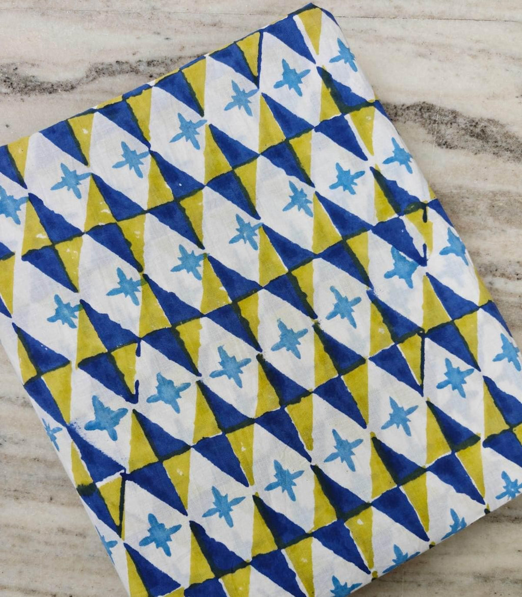 Blue Yellow Geometric Cotton Fabric by the Yard, Indian Hand Block Print Cotton Fabric, Abstract Triangle Print Fabric, Sewing Dressmaking