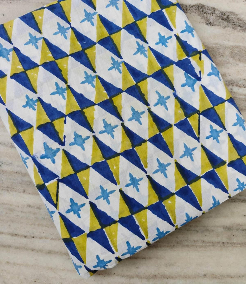 Blue Yellow Geometric Cotton Fabric by the Yard, Indian Hand Block Print Cotton Fabric, Abstract Triangle Print Fabric, Sewing Dressmaking