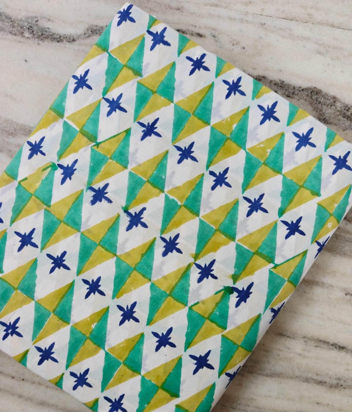 Hand Block Print Cotton Fabric by the Yard, Geometric Triangle Floral Print, Green Yellow Blue Cotton Fabric, Indian Cotton Loose Fabric