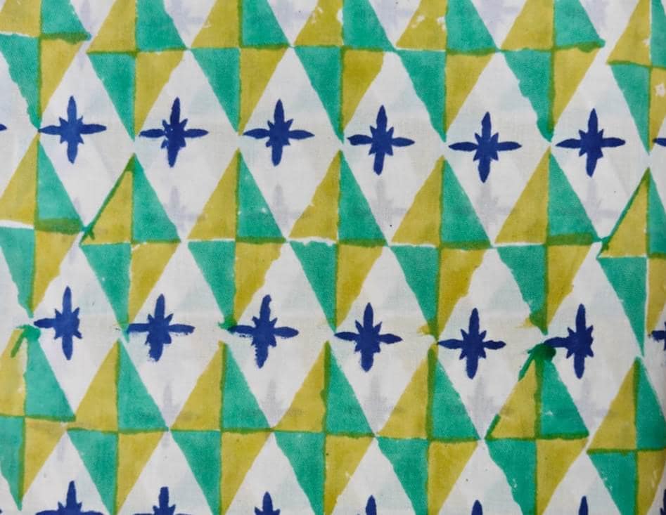 Hand Block Print Cotton Fabric by the Yard, Geometric Triangle Floral Print, Green Yellow Blue Cotton Fabric, Indian Cotton Loose Fabric