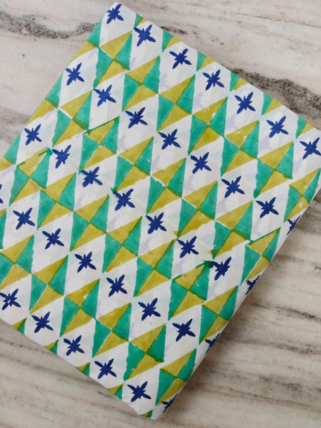 Hand Block Print Cotton Fabric by the Yard, Geometric Triangle Floral Print, Green Yellow Blue Cotton Fabric, Indian Cotton Loose Fabric