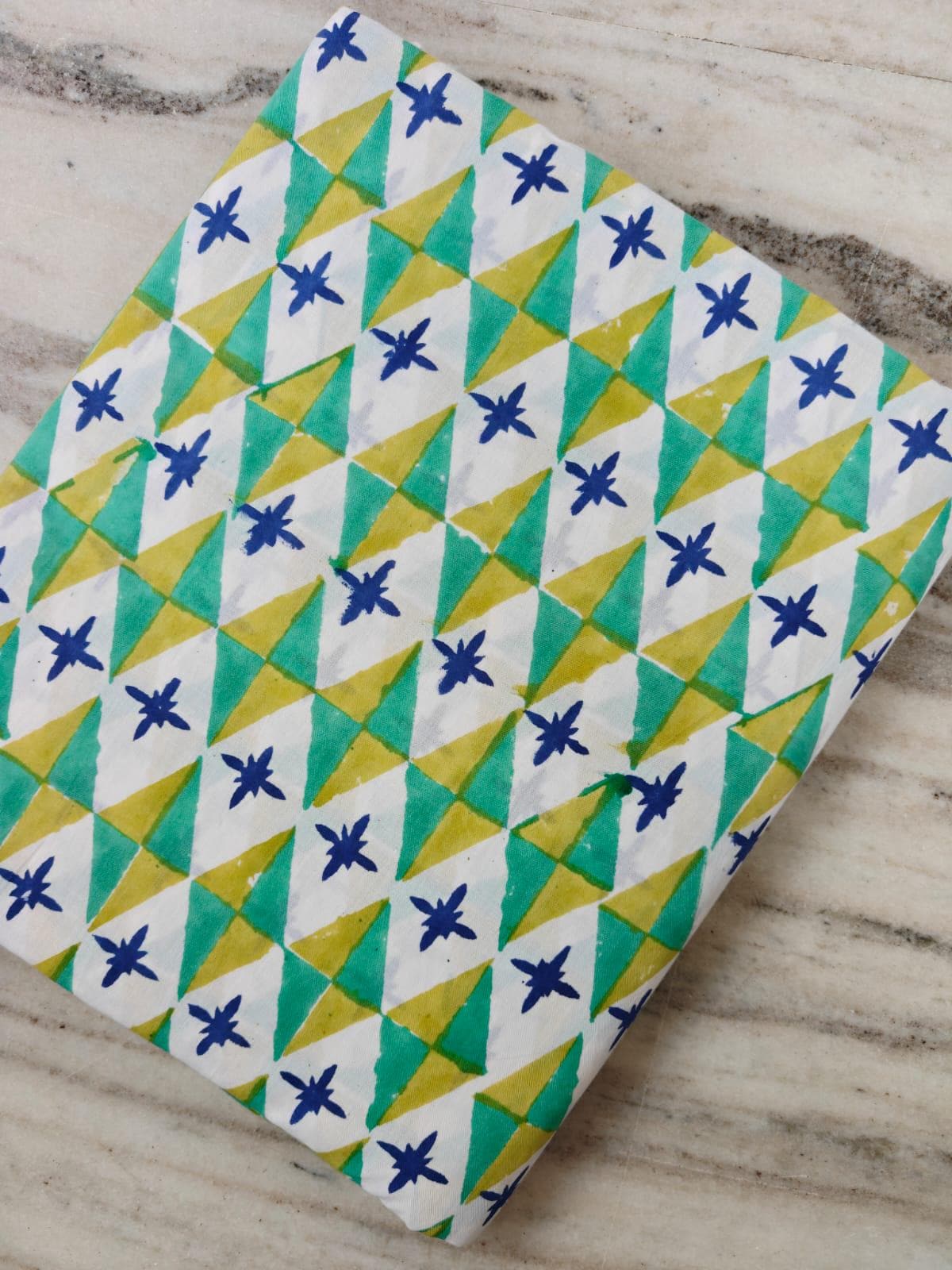 Hand Block Print Cotton Fabric by the Yard, Geometric Triangle Floral Print, Green Yellow Blue Cotton Fabric, Indian Cotton Loose Fabric