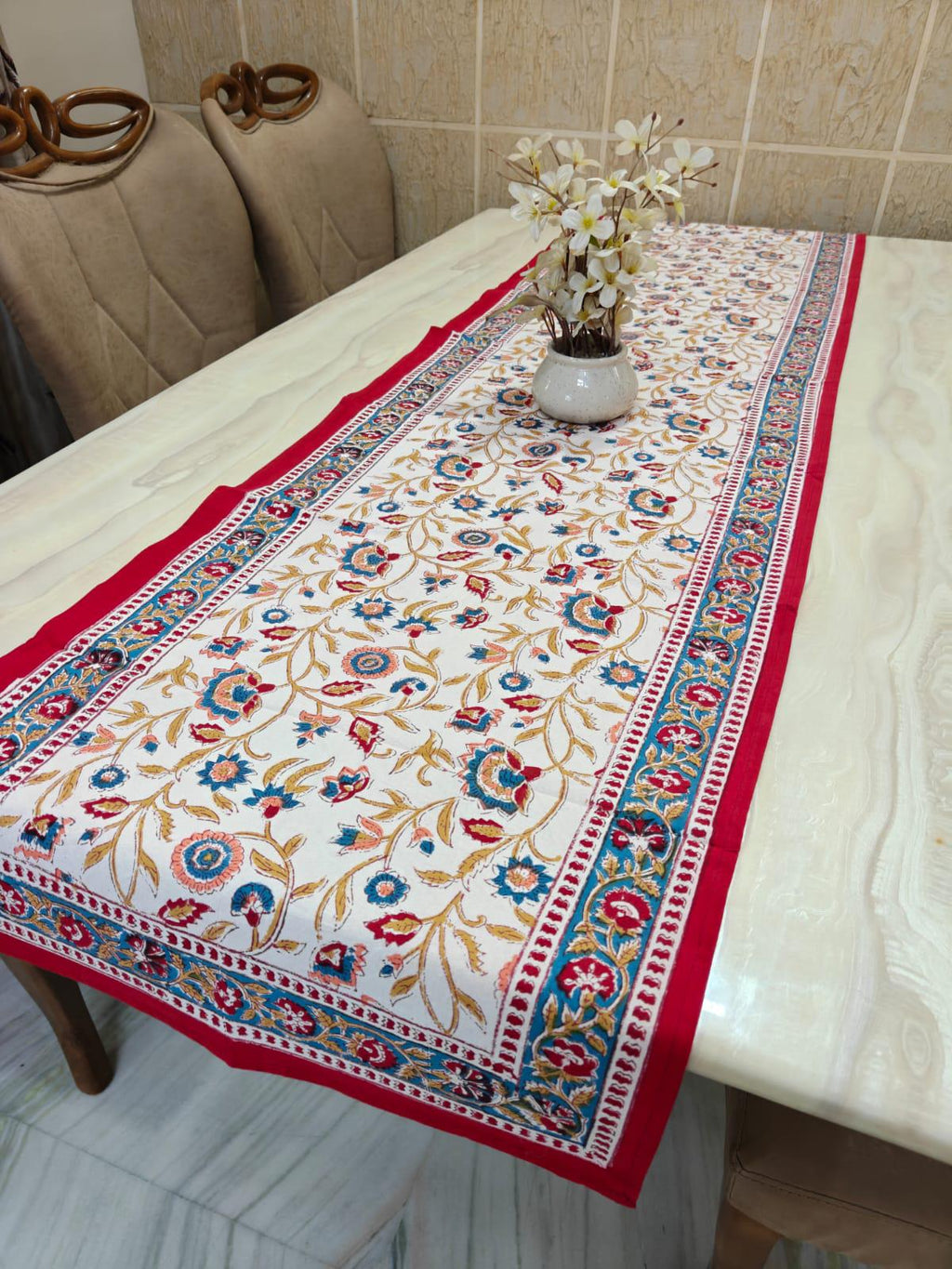 Hand Block Print Cotton Table Runner, Floral Farmhouse Table Runner, Indian Boho Table Decor, Blue Red Pink Dining Runner Gift, Christmas