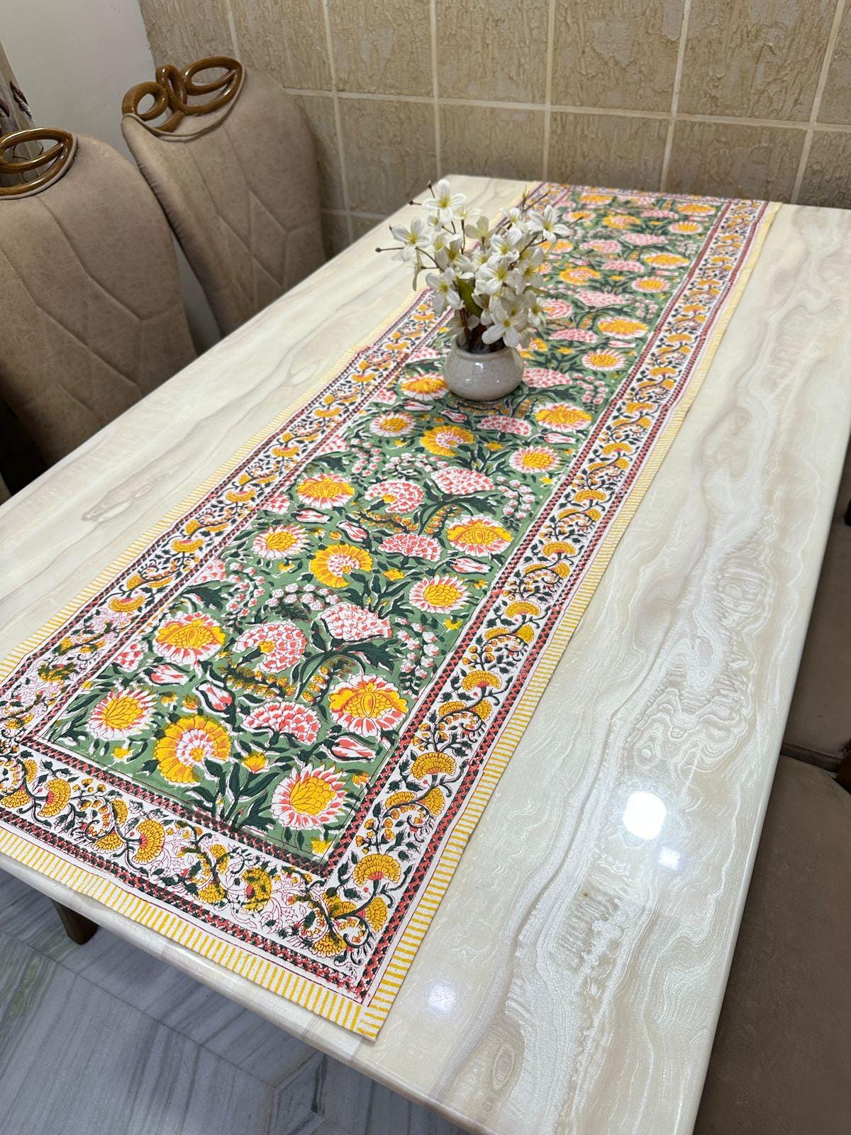 Hand Block Print Cotton Table Runner, Floral Farmhouse Table Runner, Indian Boho Table Decor, Blue Red Pink Dining Runner Gift, Christmas