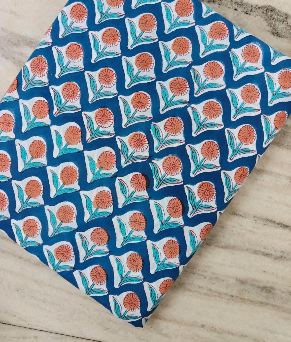 Blue Hand Block Print Cotton Fabric by Yard, Peach Floral Buta Indian Fabric, Soft Cotton Sewing Quilting Fabric, Dressmaking Craft
