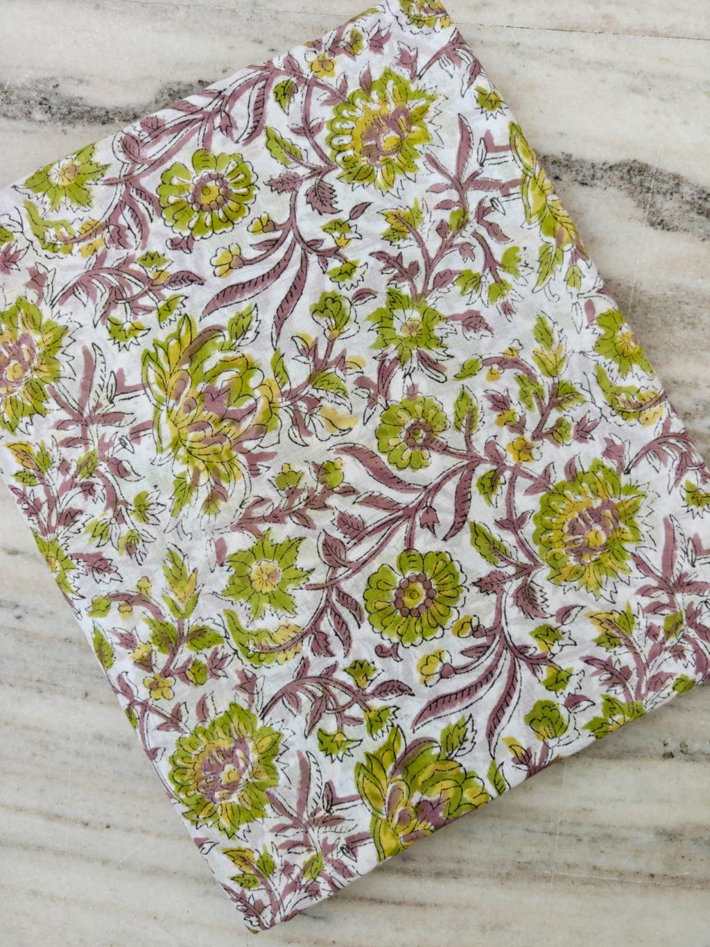 Hand Block Print Cotton Fabric by Yard, White Green Floral Indian Fabric, Botanical Cotton Sewing Fabric, Quilting Dressmaking Fabric