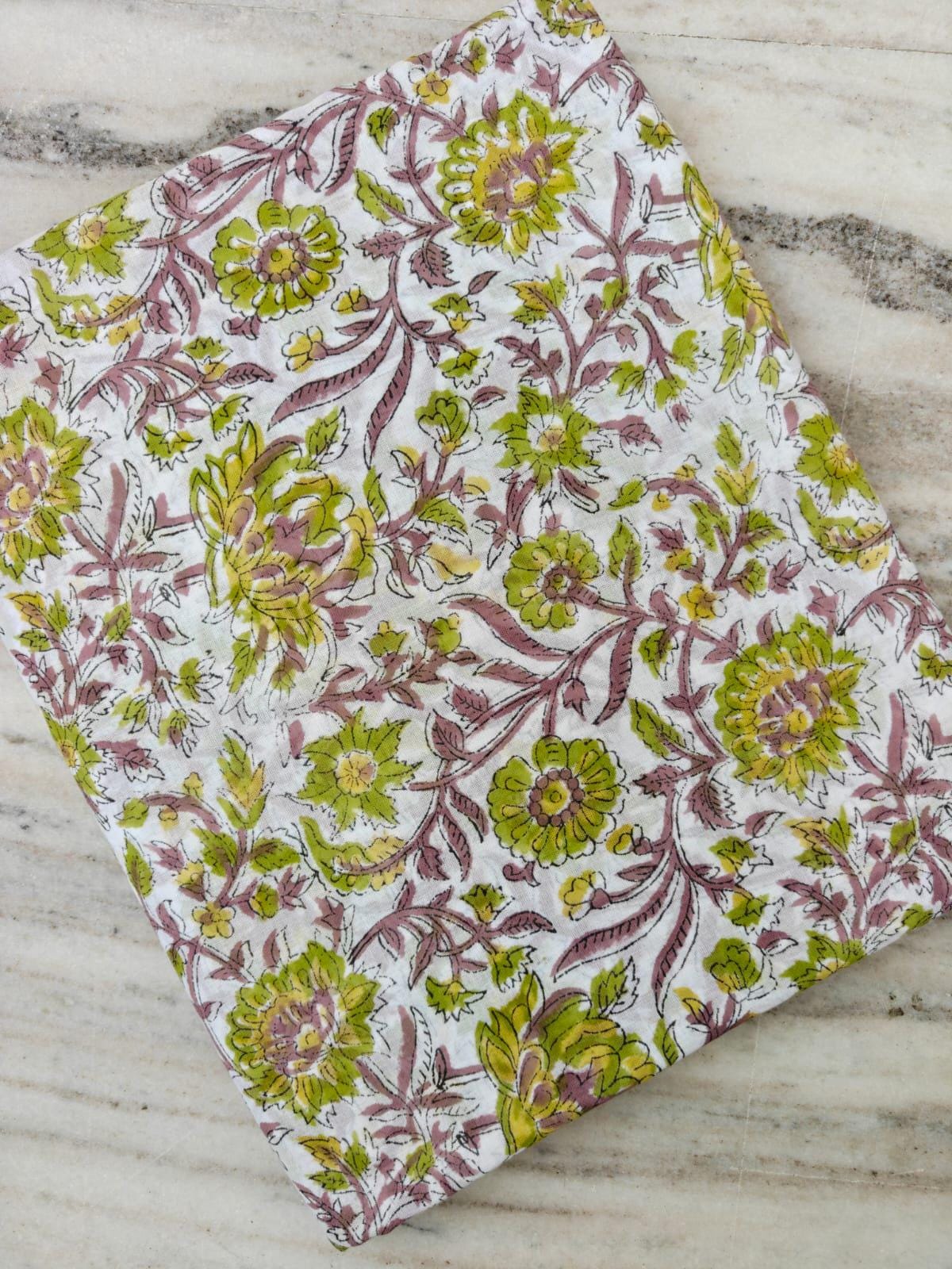 Hand Block Print Cotton Fabric by Yard, White Green Floral Indian Fabric, Botanical Cotton Sewing Fabric, Quilting Dressmaking Fabric