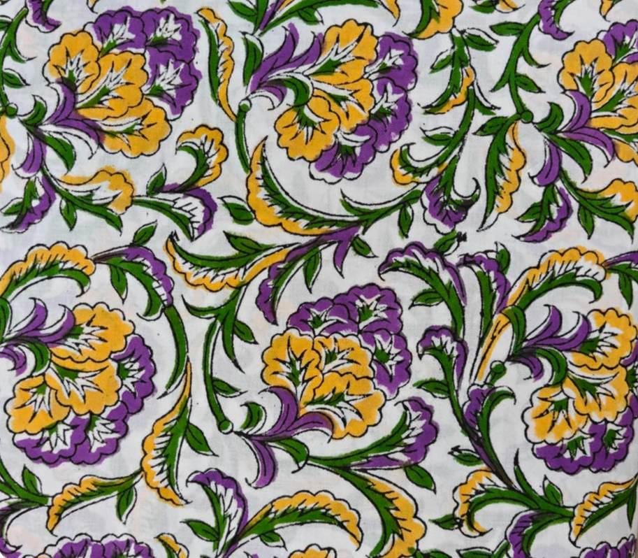 Cotton Floral Fabric by the Yard, Hand Block Print Style Cotton Fabric, Yellow Purple Floral Print, Quilting Fabric, Dressmaking, Home Decor