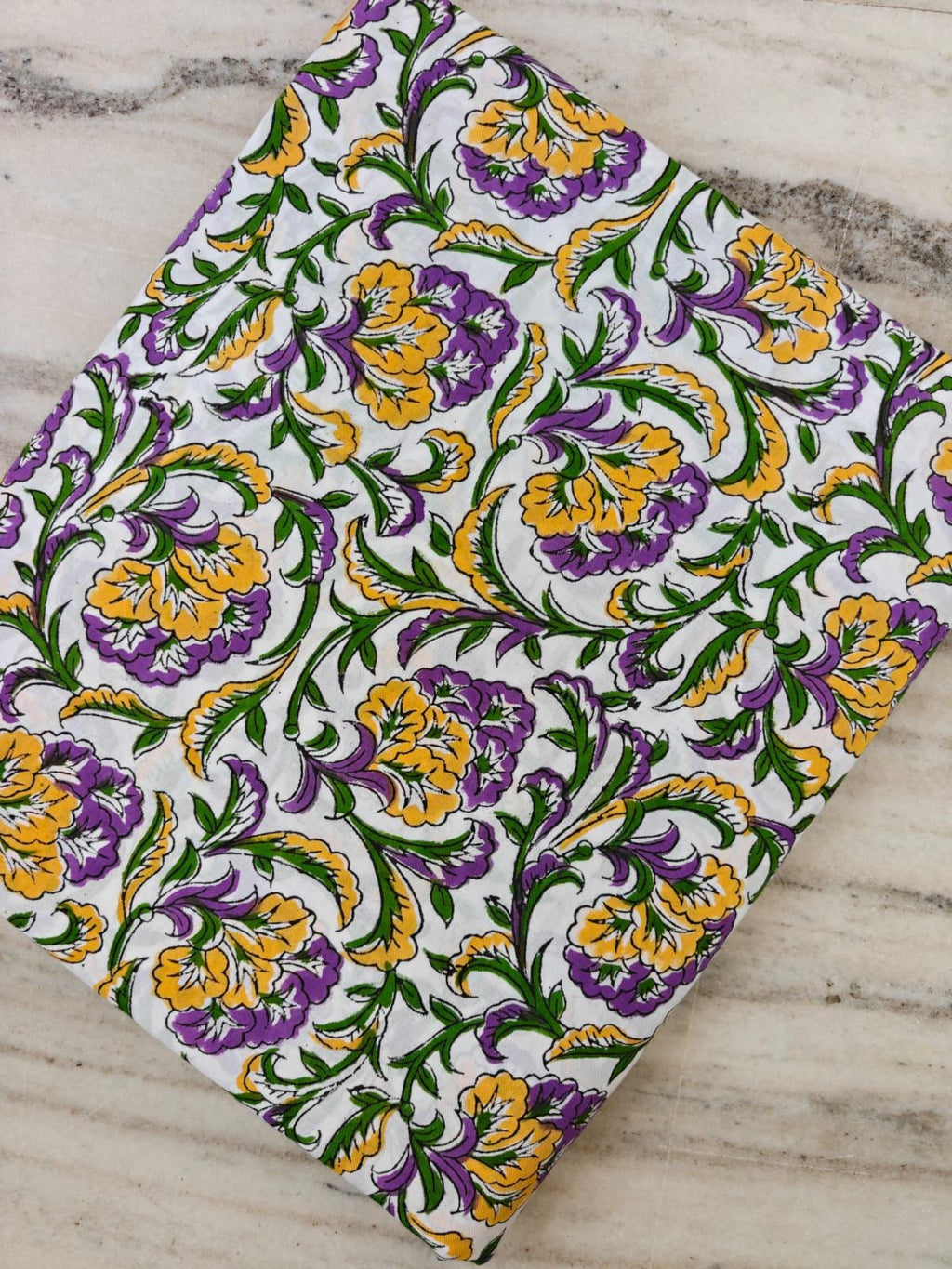 Cotton Floral Fabric by the Yard, Hand Block Print Style Cotton Fabric, Yellow Purple Floral Print, Quilting Fabric, Dressmaking, Home Decor