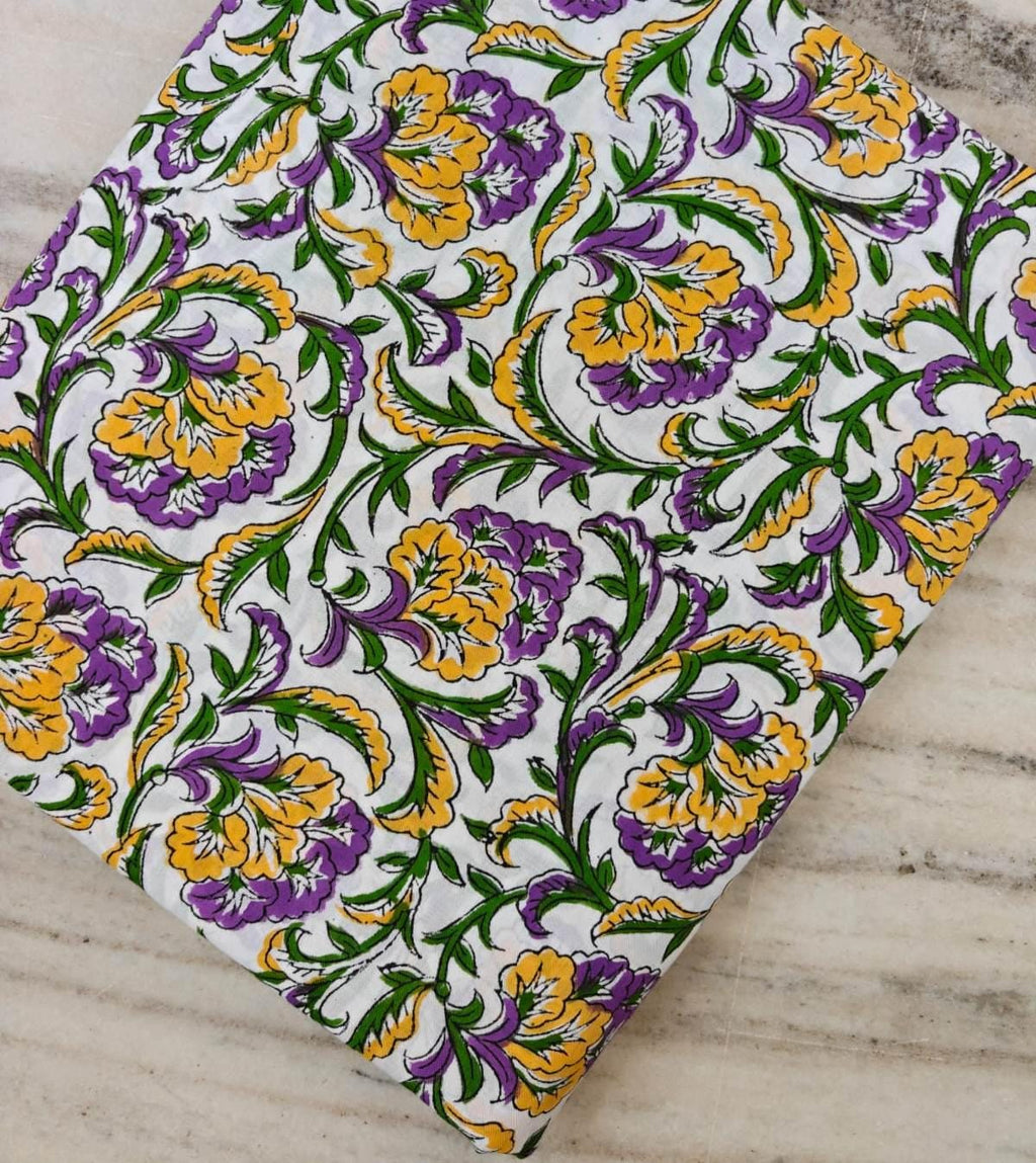 Cotton Floral Fabric by the Yard, Hand Block Print Style Cotton Fabric, Yellow Purple Floral Print, Quilting Fabric, Dressmaking, Home Decor
