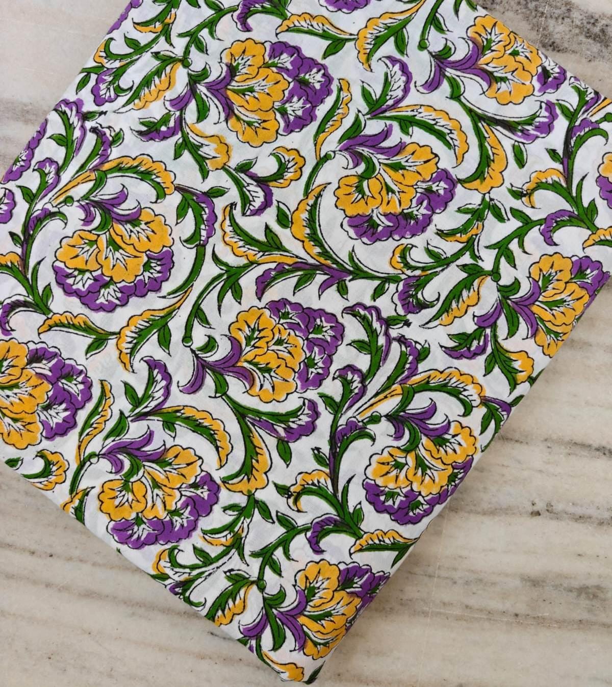 Cotton Floral Fabric by the Yard, Hand Block Print Style Cotton Fabric, Yellow Purple Floral Print, Quilting Fabric, Dressmaking, Home Decor