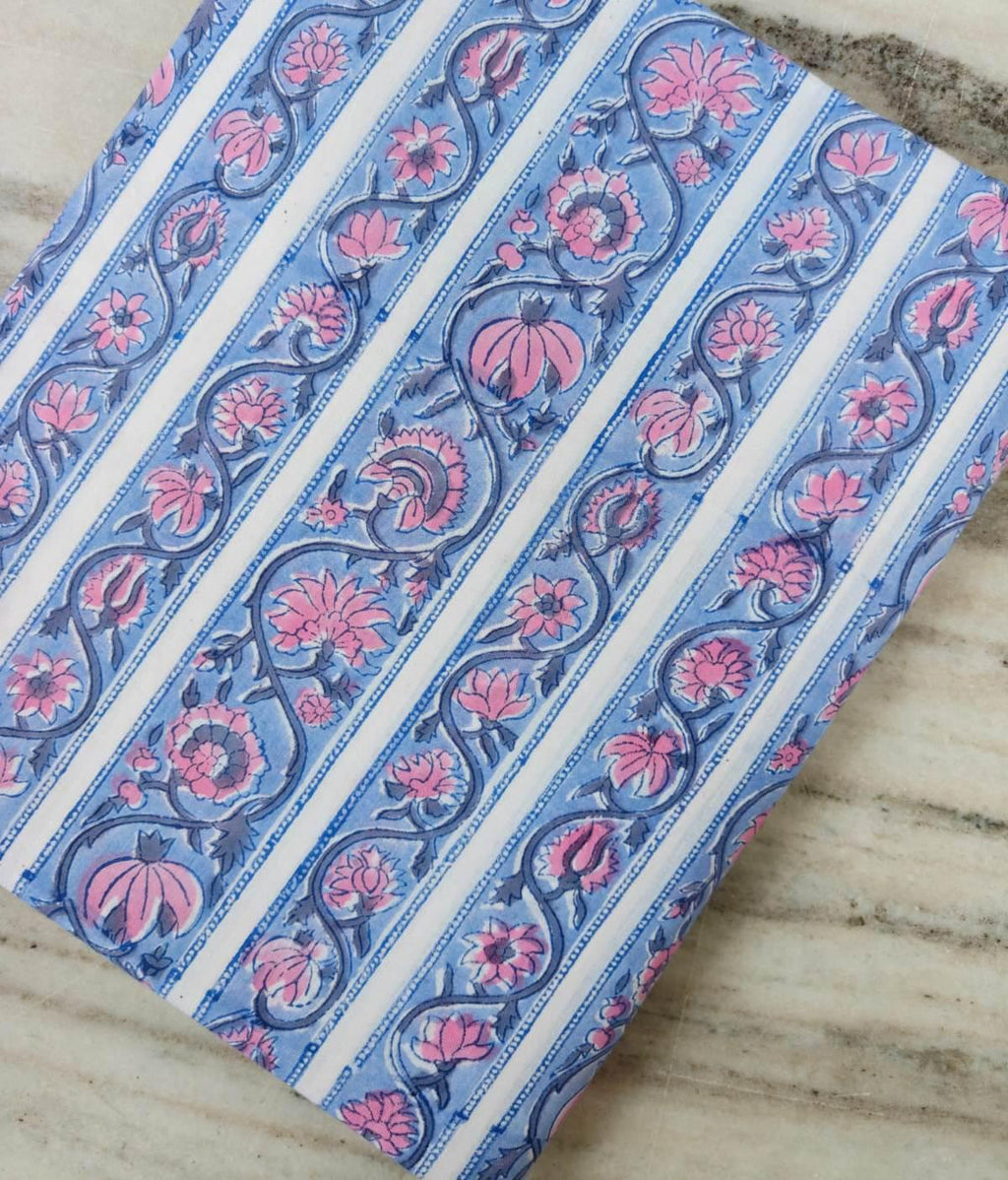 Blue Pink Floral Cotton Fabric by the Yard, Hand Block Print Style Stripe Fabric, Indian Cotton Fabric for Quilting, Sewing & Dressmaking
