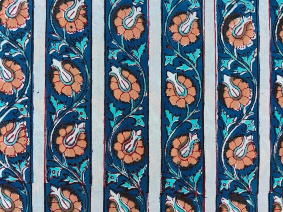 Blue Floral Stripe Cotton Fabric by the Yard, Hand Block Print Style Cotton Fabric, Indian Botanical Fabric, Quilting, Sewing & Home Decor