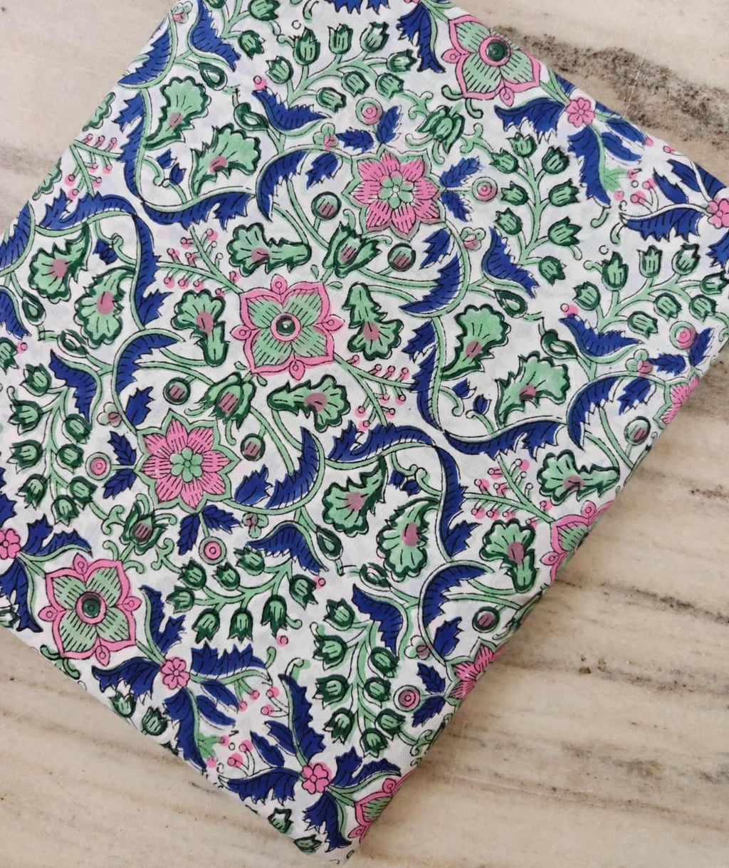 Hand Block Print Cotton Fabric by the Yard, Floral Indian Cotton Fabric, Blue Green Pink  Soft Cotton Quilting Sewing Dressmaking Fabric