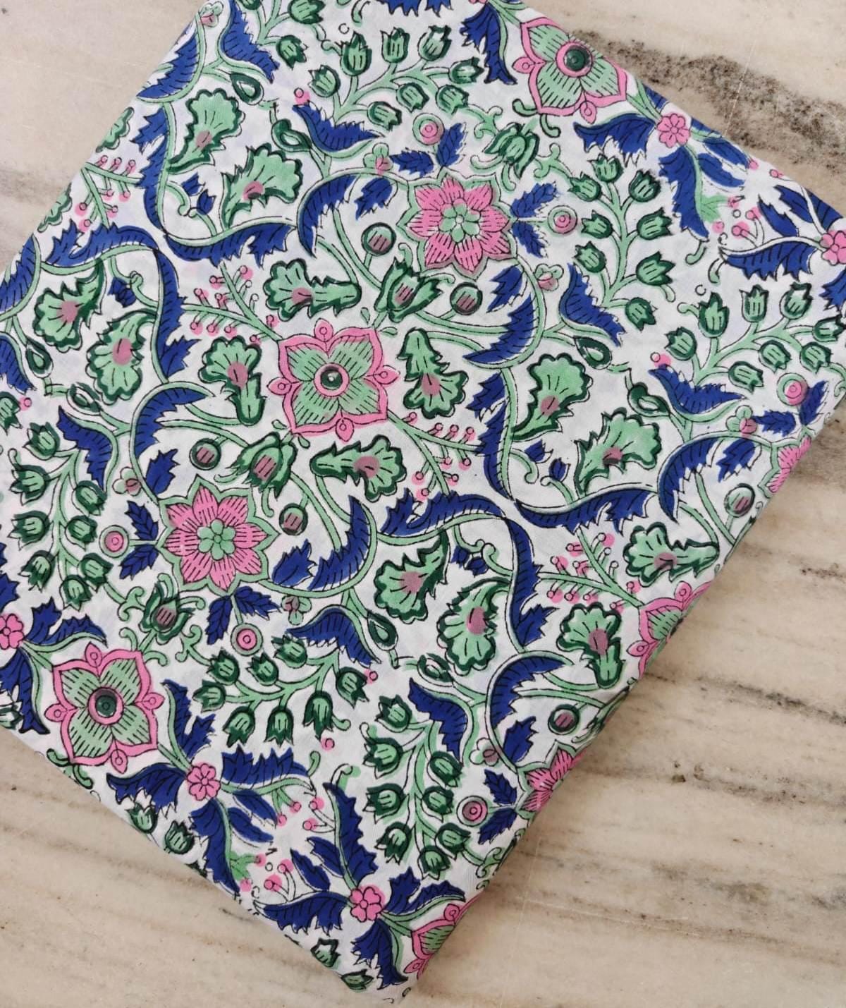 Hand Block Print Cotton Fabric by the Yard, Floral Indian Cotton Fabric, Blue Green Pink  Soft Cotton Quilting Sewing Dressmaking Fabric