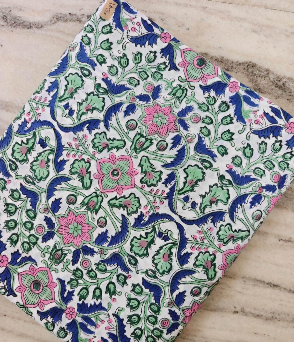 Hand Block Print Cotton Fabric by the Yard, Floral Indian Cotton Fabric, Blue Green Pink  Soft Cotton Quilting Sewing Dressmaking Fabric
