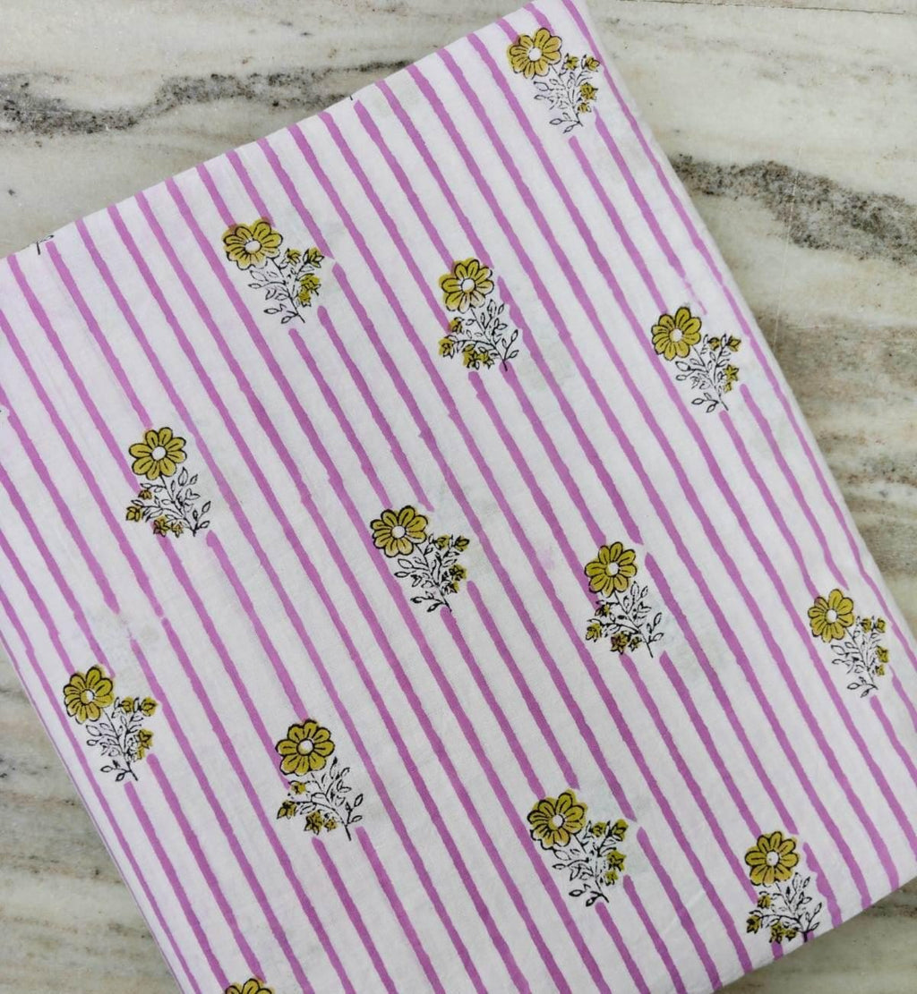 Pink Stripe Floral Cotton Fabric by the Yard, Soft Cotton Dressmaking Fabric, Yellow Daisy Block Print Fabric, Sewing Fabric, Summer Apparel