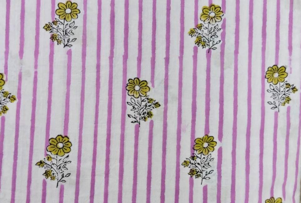 Pink Stripe Floral Cotton Fabric by the Yard, Soft Cotton Dressmaking Fabric, Yellow Daisy Block Print Fabric, Sewing Fabric, Summer Apparel