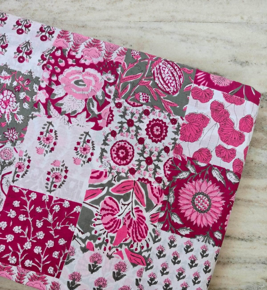 Pink Patchwork Floral Cotton Fabric by the Yard, Block Print Cotton Fabric, Handmade Dress Material, Sewing Craft Fabric Boho Floral Textile