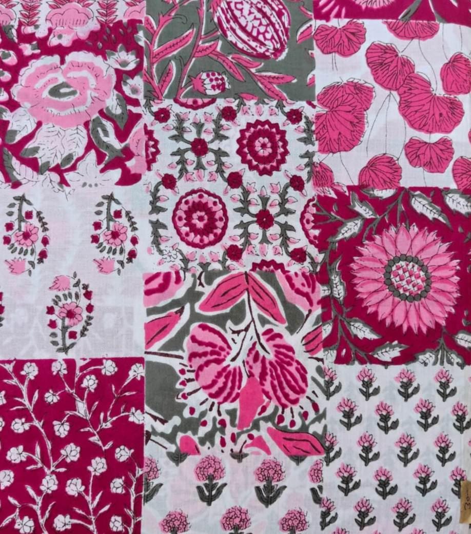 Pink Patchwork Floral Cotton Fabric by the Yard, Block Print Cotton Fabric, Handmade Dress Material, Sewing Craft Fabric Boho Floral Textile