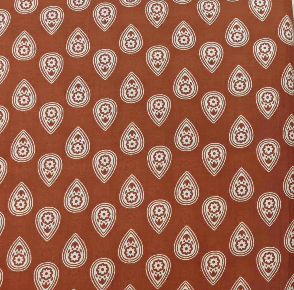Brown Paisley Cotton Fabric by the Yard, Hand Block Print Cotton Fabric, Rust Floral Paisley Dress Material,  Indian Cotton Textile Fabric