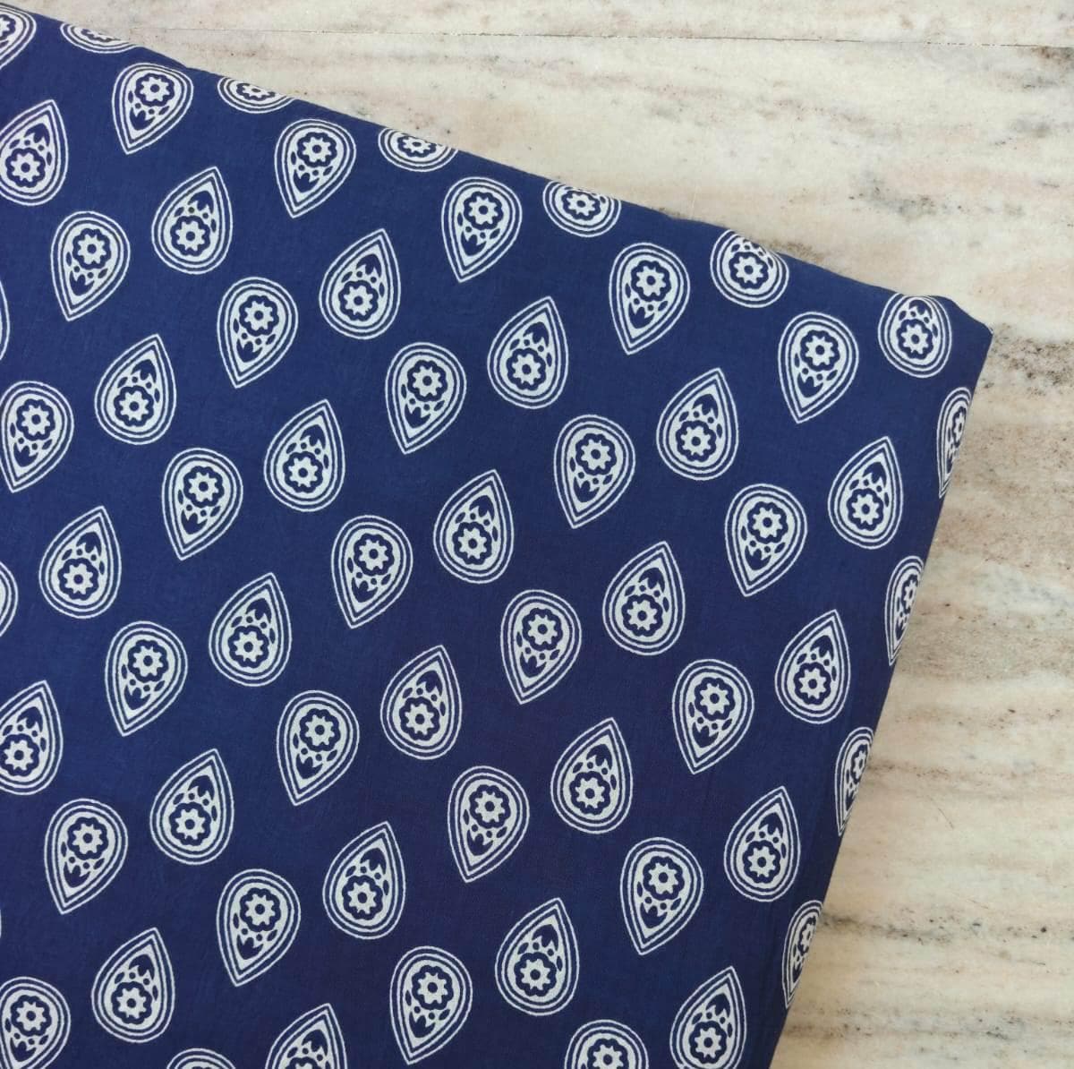 Navy Blue Cotton Fabric by the Yard, White Paisley Print Fabric, Floral Block Print Cotton, Quilting Fabric, Dressmaking Material Fabric