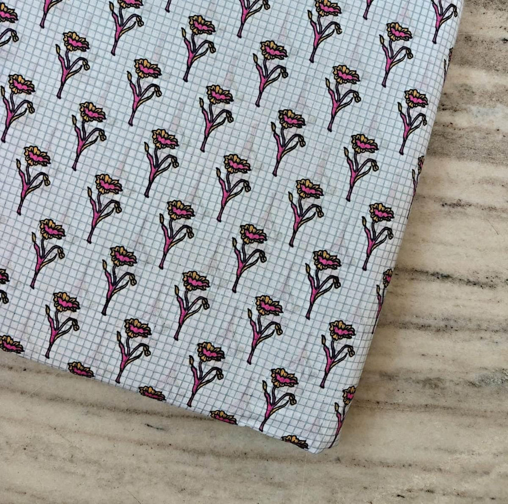 White Cotton Fabric by the Yard with Pink Floral Buti Print, Blue Checkered Background Fabric, Indian Block Print Cotton, Dressmaking Fabric
