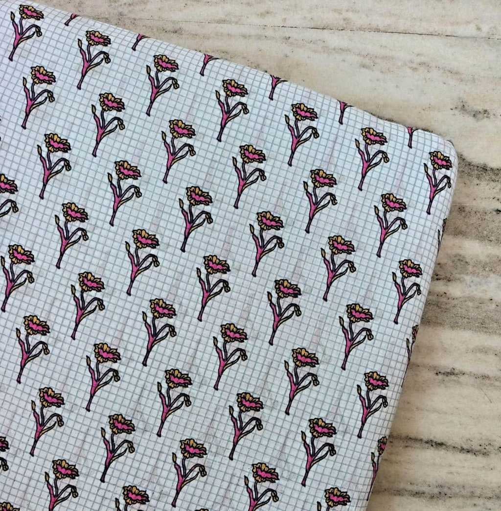 White Cotton Fabric by the Yard with Pink Floral Buti Print, Blue Checkered Background Fabric, Indian Block Print Cotton, Dressmaking Fabric