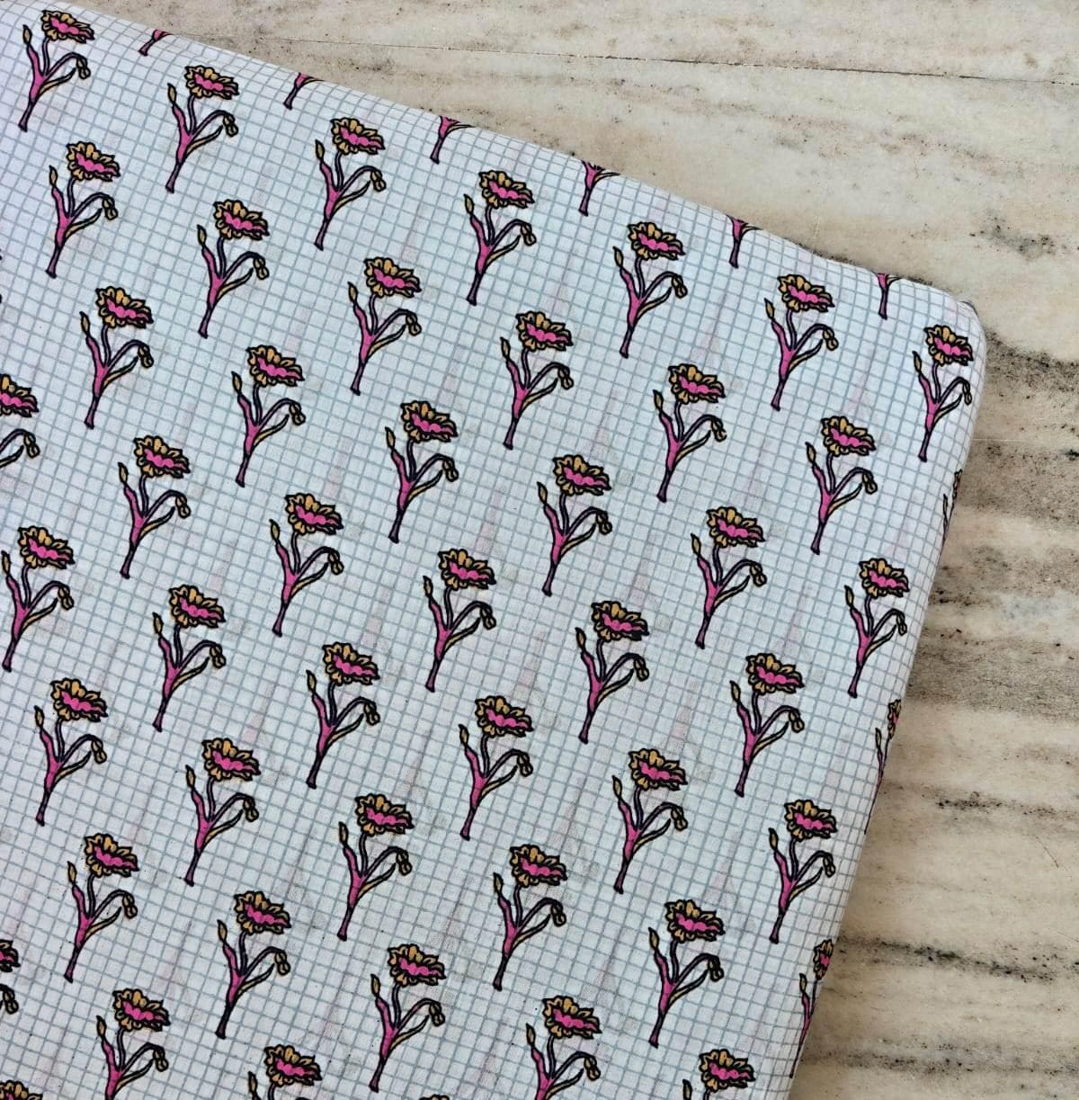 White Cotton Fabric by the Yard with Pink Floral Buti Print, Blue Checkered Background Fabric, Indian Block Print Cotton, Dressmaking Fabric