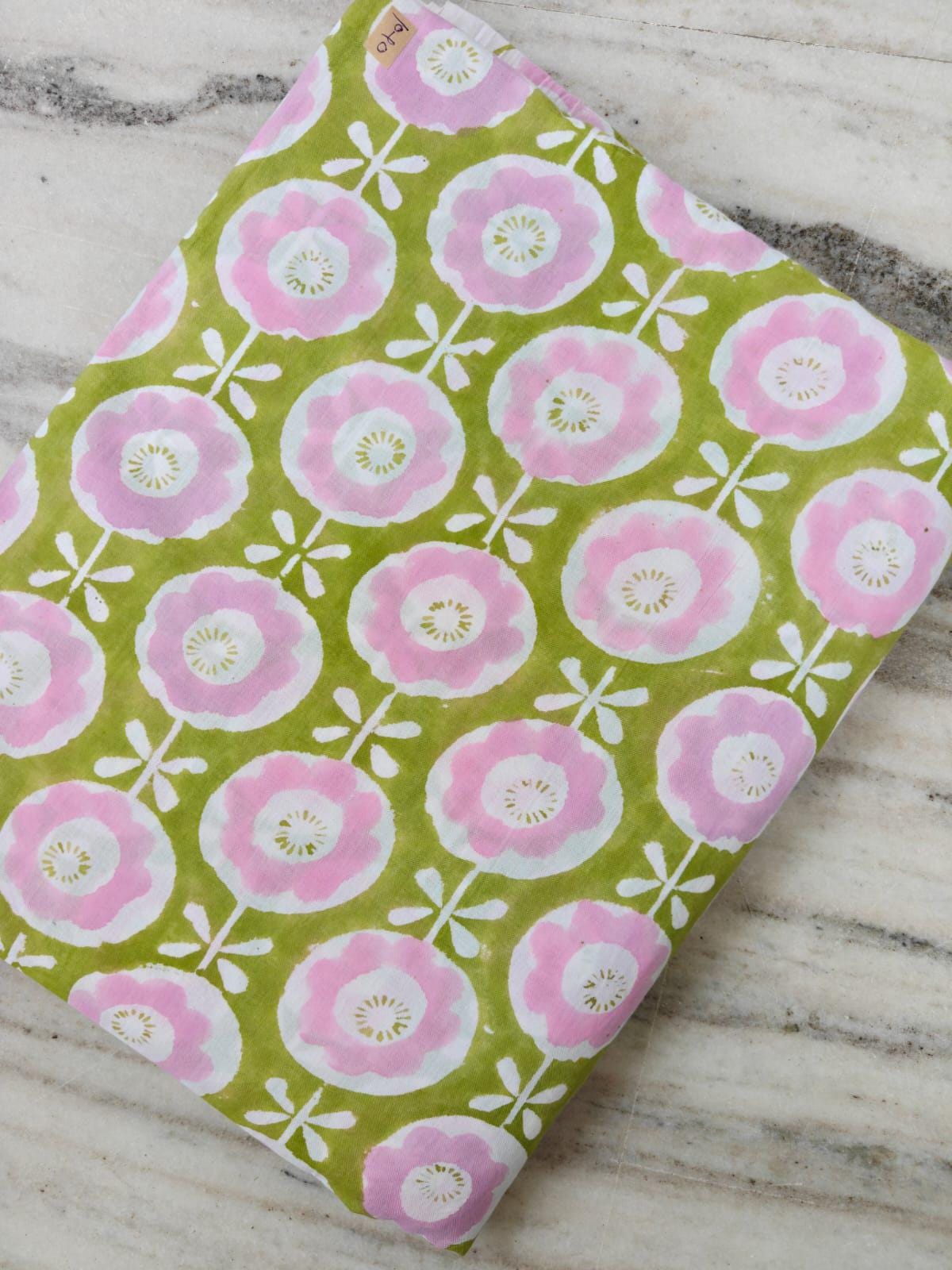 Pink Green Color Indian Hand Block Print Fabric, Floral 100% Cotton Quilting Fabric By The Yard, Dressmaking Fabric, Napkins Loose Fabric