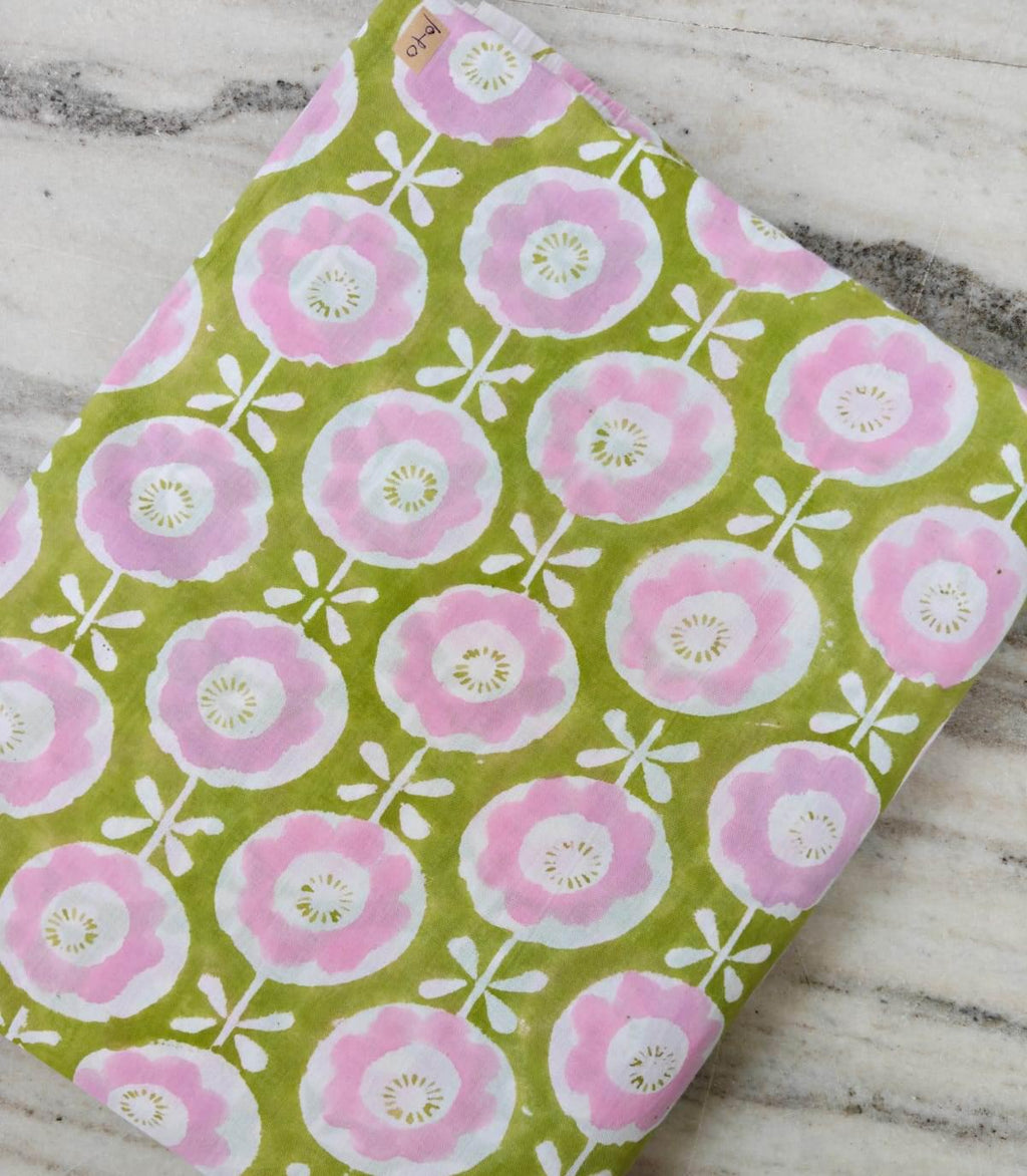 Pink Green Color Indian Hand Block Print Fabric, Floral 100% Cotton Quilting Fabric By The Yard, Dressmaking Fabric, Napkins Loose Fabric